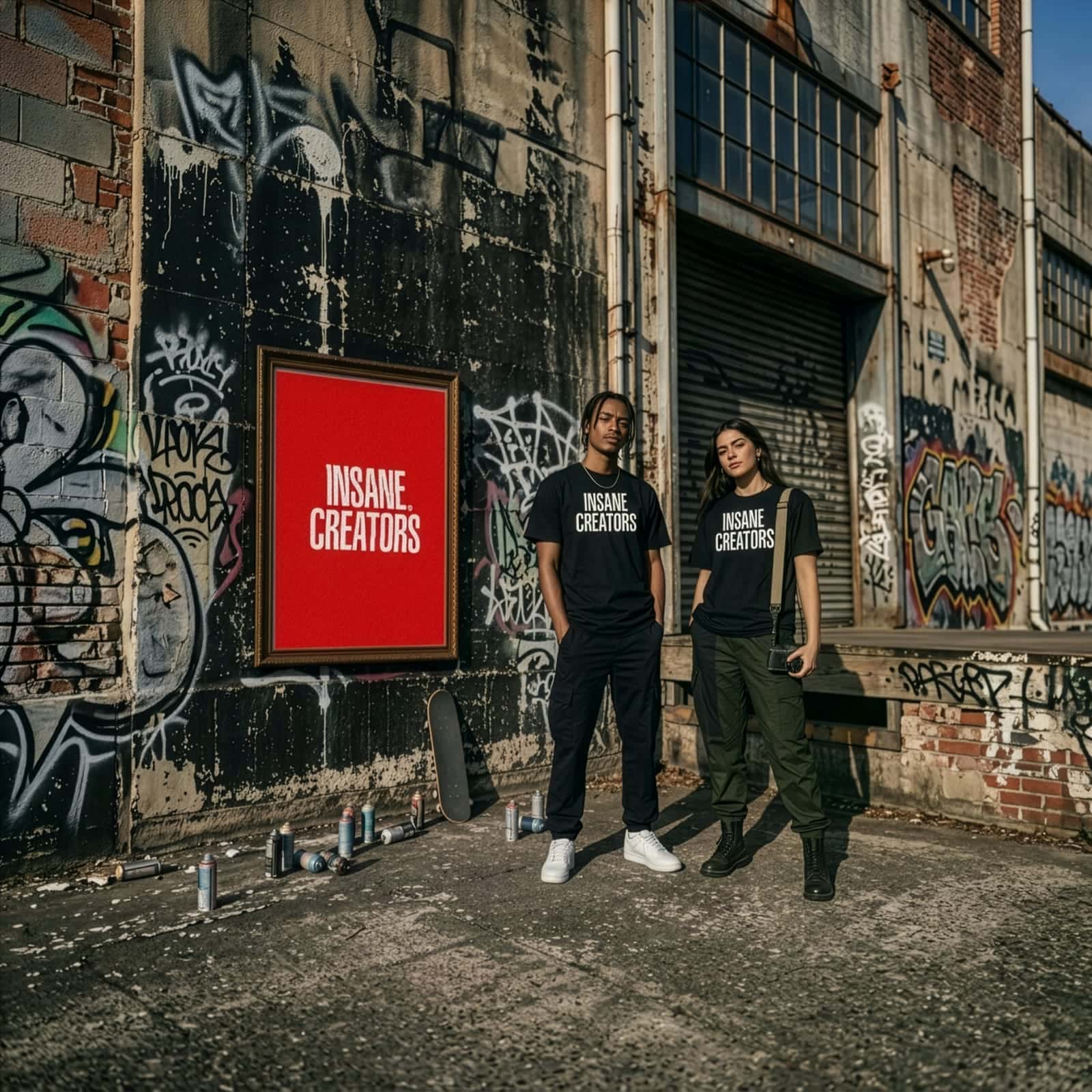 Twee modellen in zwarte Insane Creators shirts naast een ingelijst rood logo op een graffitimuur