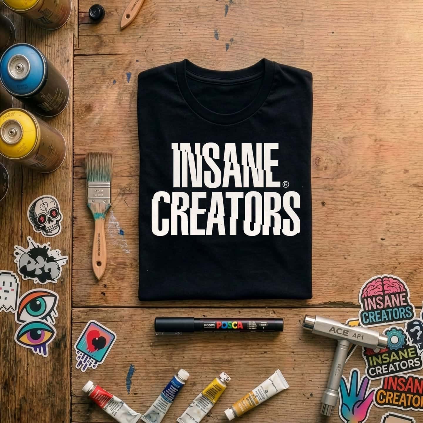 Opgevouwen zwart shirt op een makersbureau met spuitbussen, camera en schetsboek