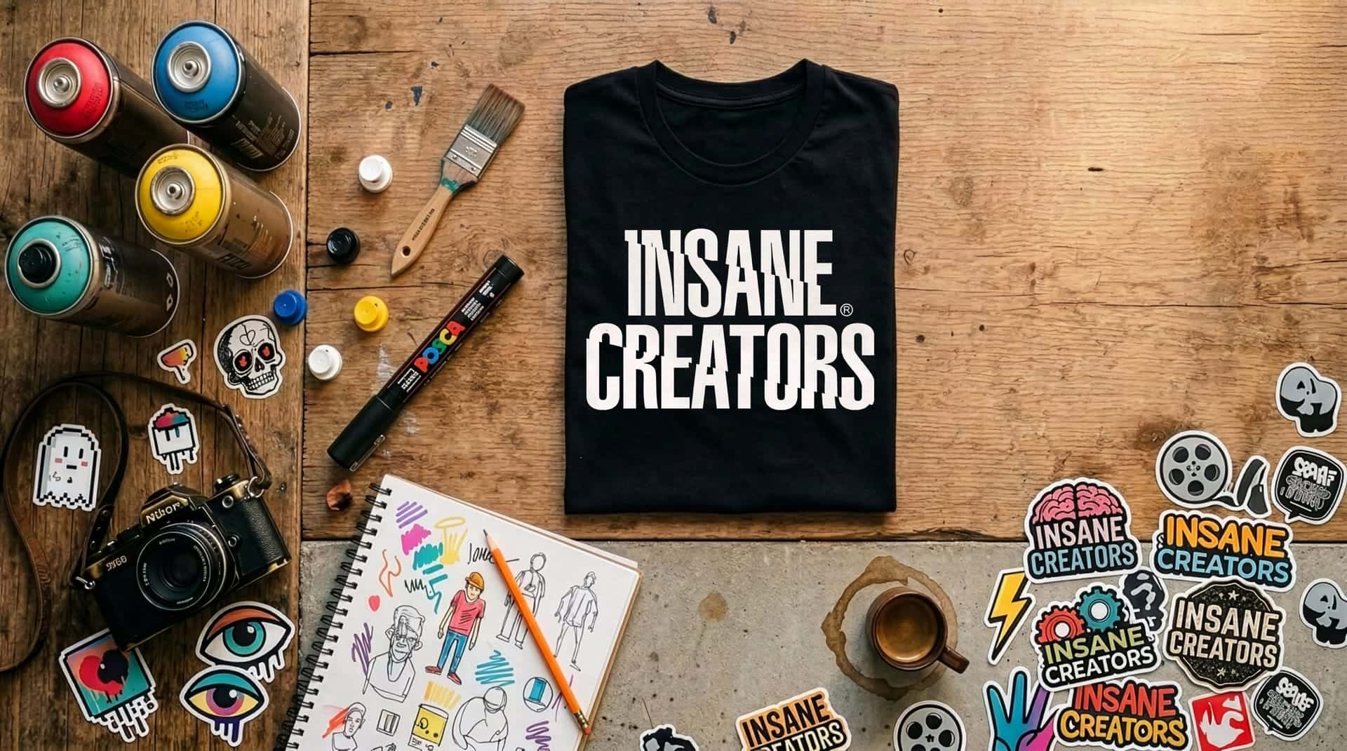 Gefaltetes schwarzes Shirt auf einem Kreativ-Schreibtisch mit Spraydosen, Kamera und Skizzenbuch