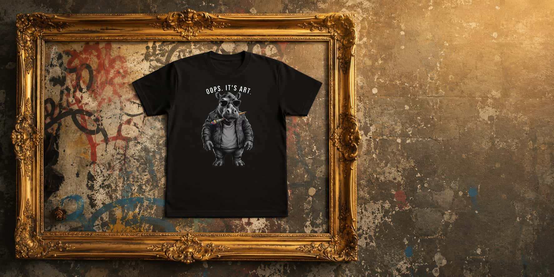 Black Insane Creators tee in a golden frame on a graffiti wall
